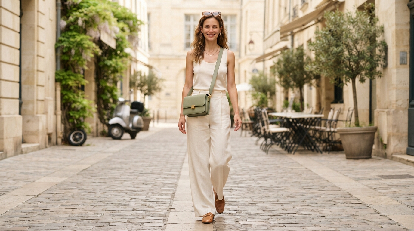 Sage Green Minimalist Crossbody Bag & Cream Wide-Leg Linen Pants